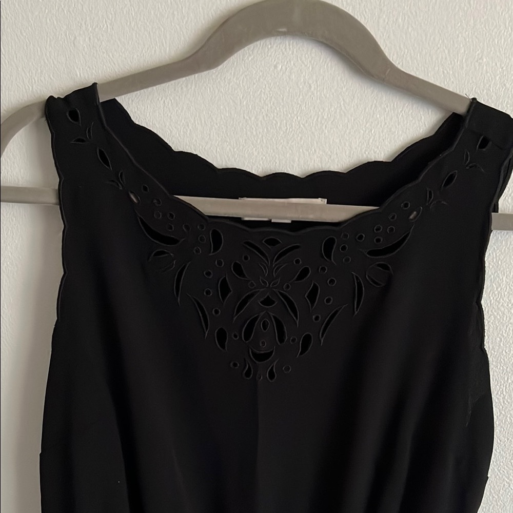 LOFT Elegant Black Sleeveless Midi Dress with Fabric Belt and Ornate Front